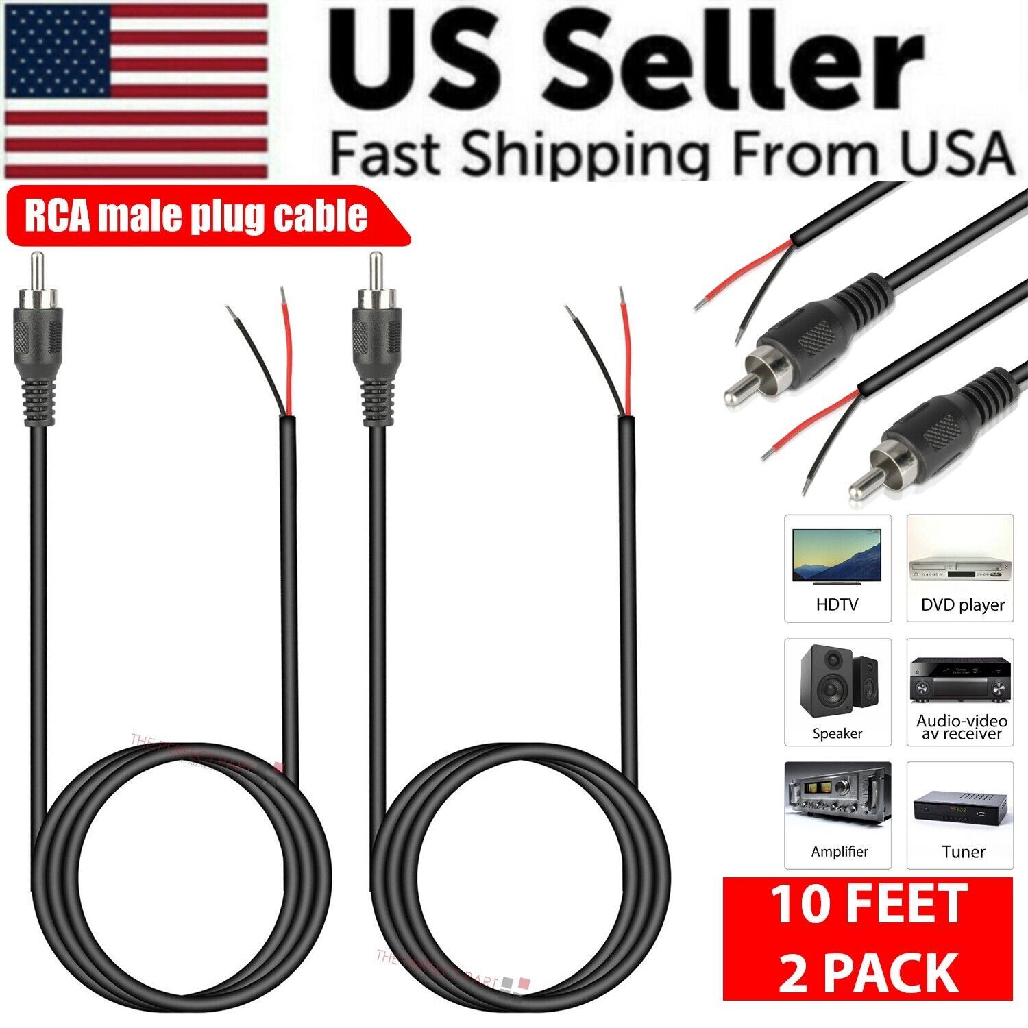 Home Cinema Amplifier - 2'li Paket 10ft RCA Erkek Fiş
